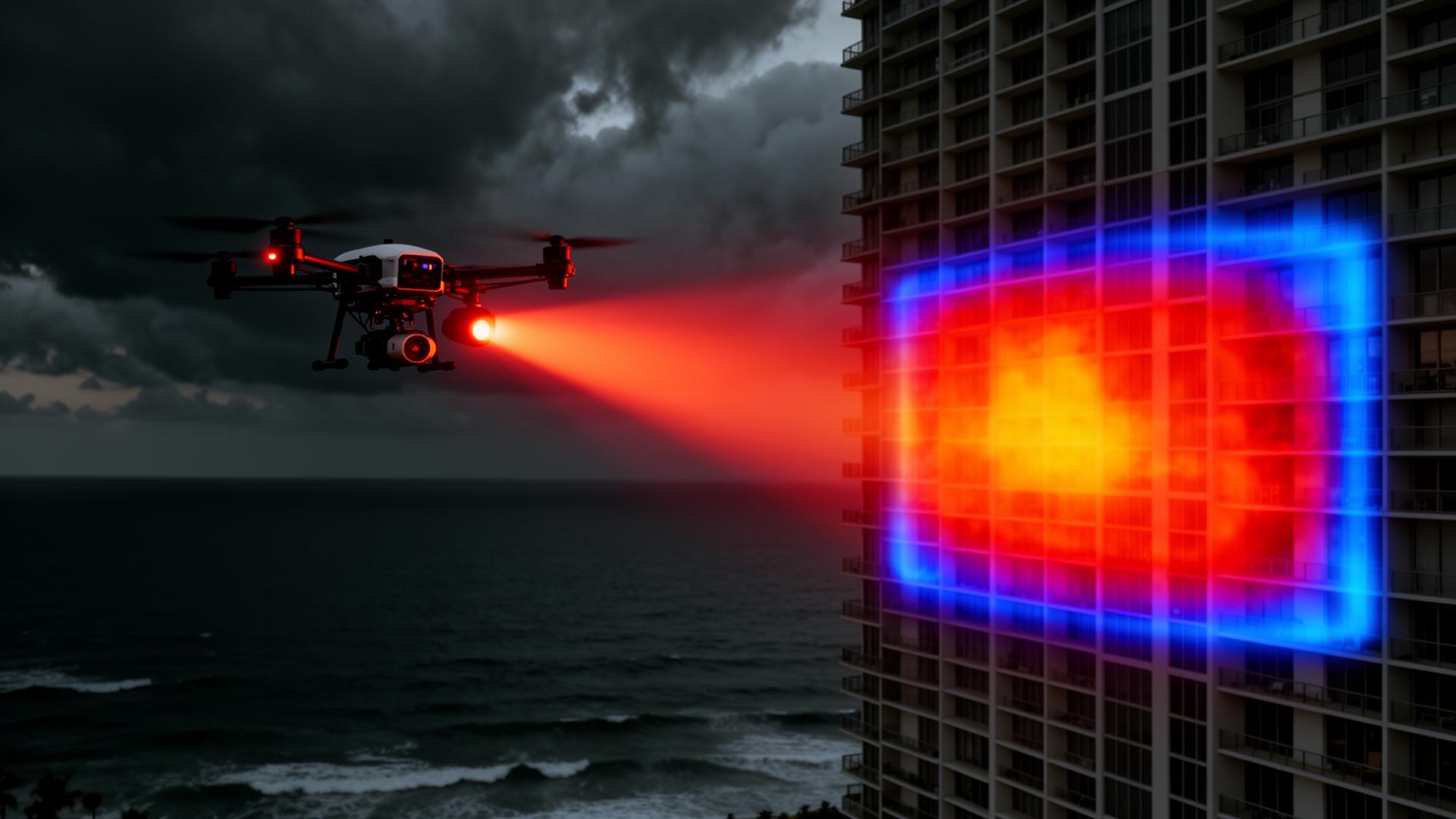 Drone inspecting a coastal high-rise with a vivid thermal imaging visualization