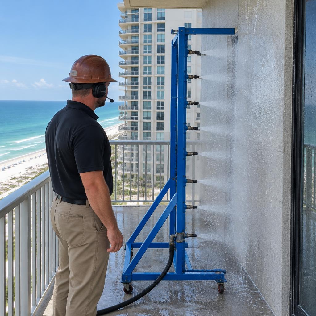 Calibrated spray rack testing a high-rise window while a technician in khakis, a black polo, brown hardhat and headset observes